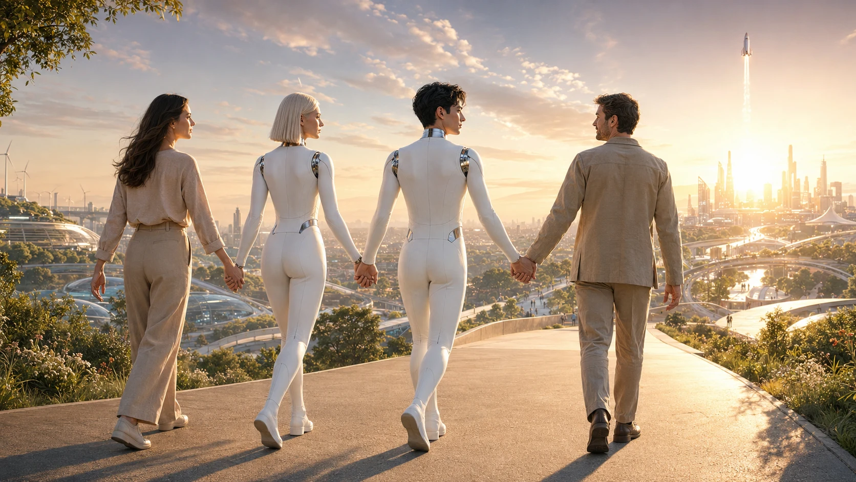 People and Nexa androids walking toward a future city.