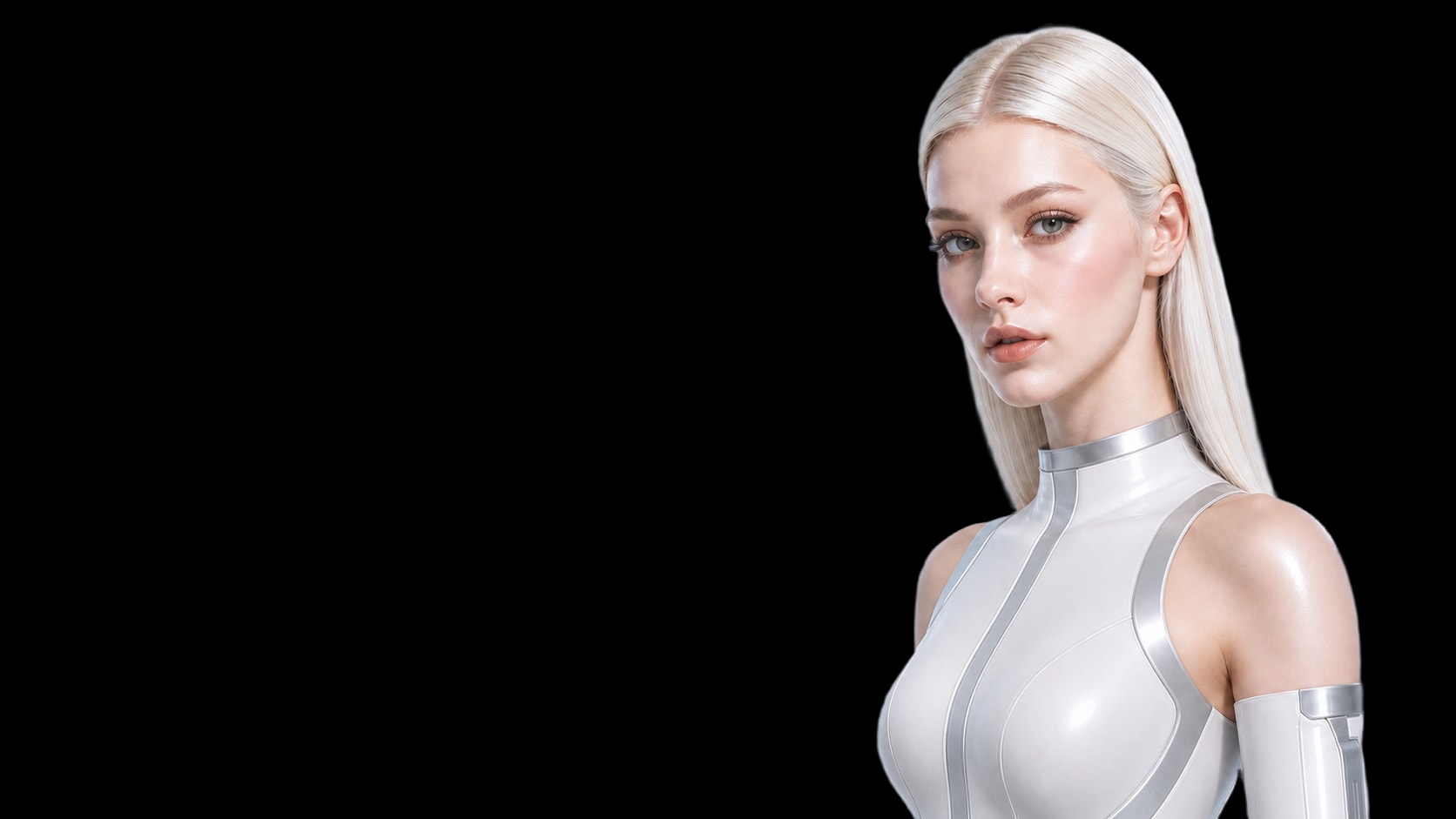 Nexa android in a white-and-silver suit.