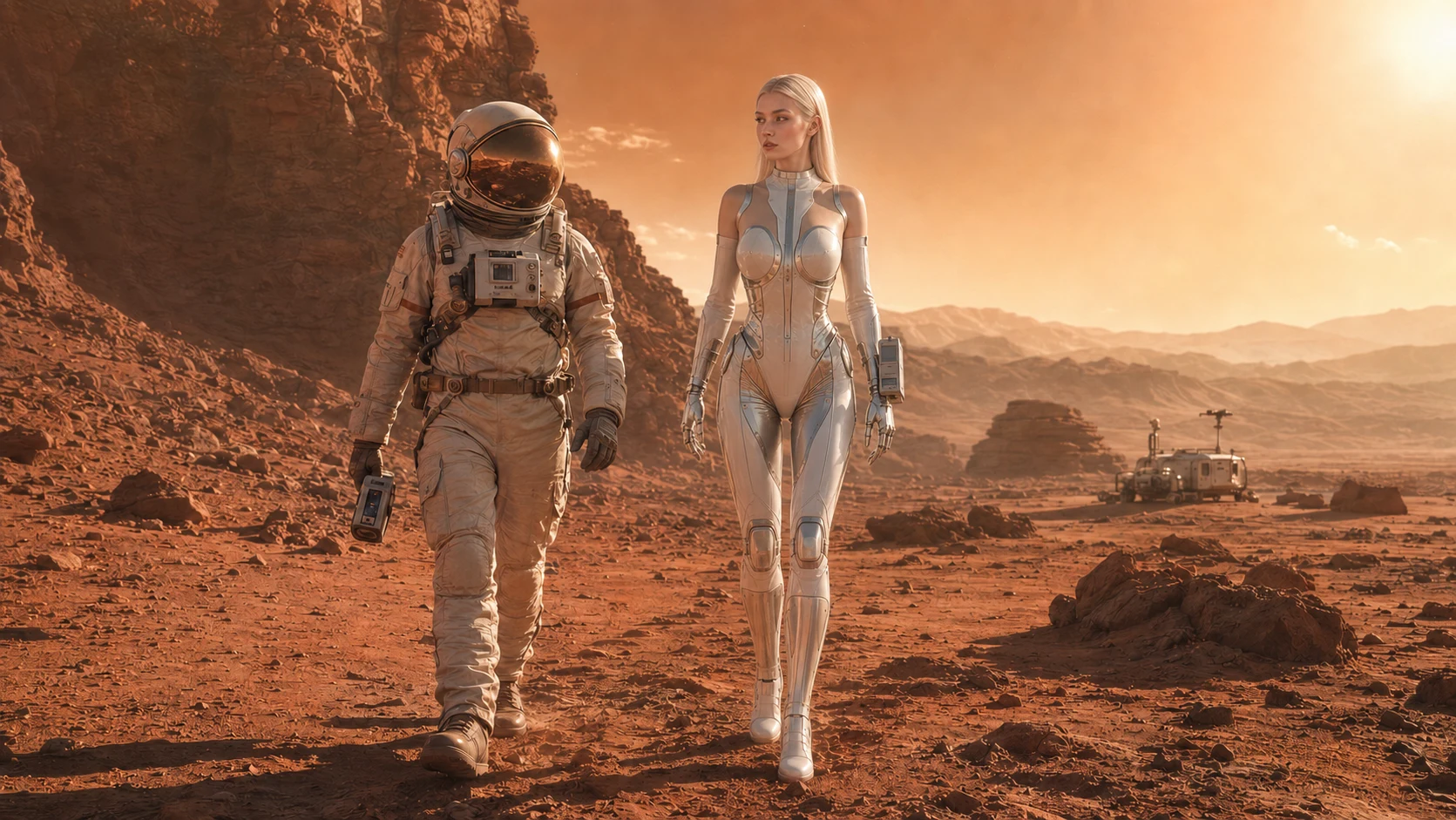 Nexa exploring Mars alongside a human astronaut.